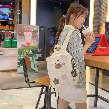 行途 书包可爱小熊童趣外出旅行小学生背包旅游轻便韩系卡通 尼龙 双肩包 男女同款情侣款 黑色/白色/蓝色/黄色/卡其色