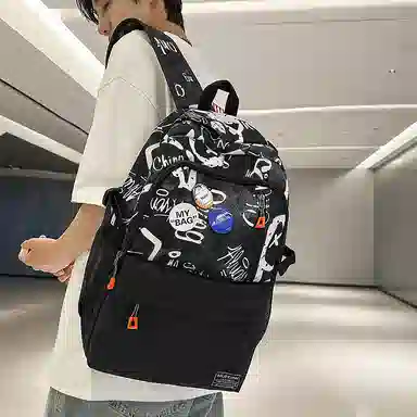 行途 个性涂鸦中学生书包日系潮牌大学生旅行背包 尼龙 双肩包 男女同款情侣款 黑色/白色/蓝色