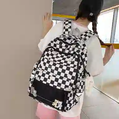 行途 学院风书包时尚格子简约背包大容量初中生休闲百搭双肩包女 尼龙