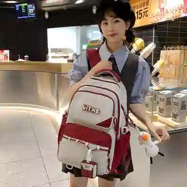 行途 韩版简约大容量中学生初中生减负高中 尼龙 双肩包 女款 黑色/桔色/红色/卡其色/绿色