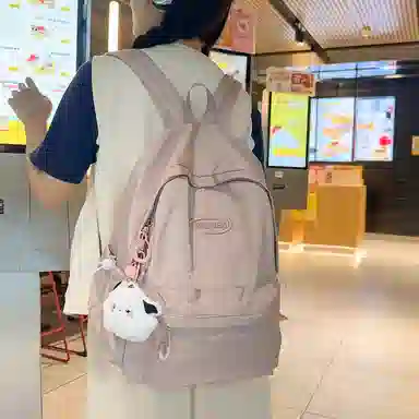 行途 韩版原宿初高中学生简约纯色大容量 尼龙 双肩包 女款 粉色/绿色/紫色/黑色/灰色