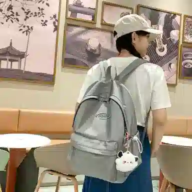 行途 韩版原宿初高中学生简约纯色大容量 尼龙 双肩包 女款 粉色/绿色/紫色/黑色/灰色