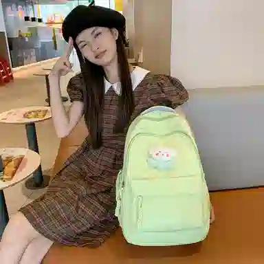 行途 中学生日系纯色高中生夏季休闲旅游背包防泼水 尼龙 双肩包 男女同款情侣款 黑色/米白色/绿色/粉色/黄色