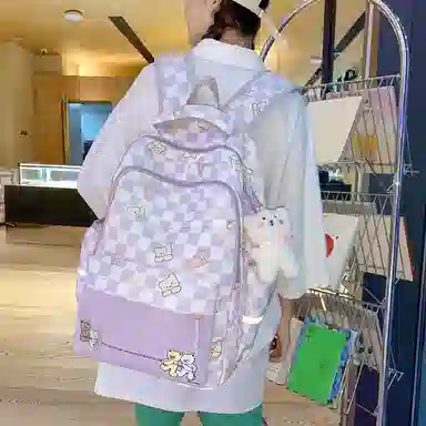 行途 学院风书包时尚格子简约背包大容量初中生休闲百搭双肩包女 尼龙