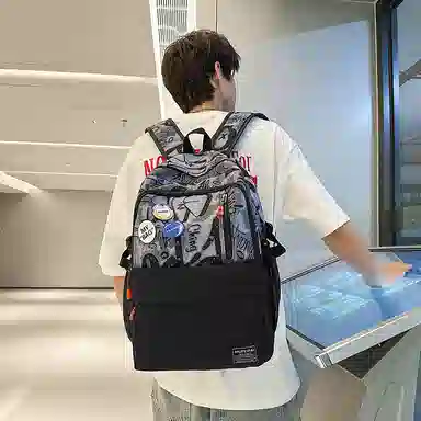 行途 个性涂鸦中学生书包日系潮牌大学生旅行背包 尼龙 双肩包 男女同款情侣款 黑色/白色/蓝色