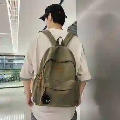 行途 初中高颜值森系纯色百搭小众设计感高中大学生 尼龙 书包背包双肩包 常规 男女同款情侣款 黑色/白色/绿色/卡其色