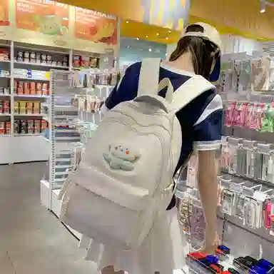 行途 中学生日系纯色高中生夏季休闲旅游背包防泼水 尼龙 双肩包 男女同款情侣款 黑色/米白色/绿色/粉色/黄色