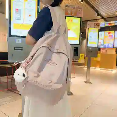 行途 韩版原宿初高中学生简约纯色大容量 尼龙 双肩包 女款 粉色/绿色/紫色/黑色/灰色