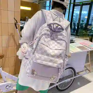 行途 学院风书包时尚格子简约背包大容量初中生休闲百搭双肩包女 尼龙