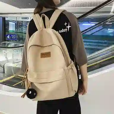 行途 初中高颜值森系纯色百搭小众设计感高中大学生 尼龙 书包背包双肩包 常规 男女同款情侣款 黑色/白色/绿色/卡其色