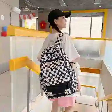 行途 学院风书包时尚格子简约背包大容量初中生休闲百搭双肩包女 尼龙