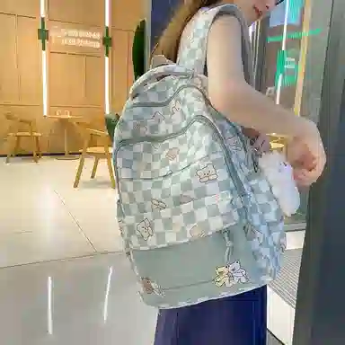 行途 学院风书包时尚格子简约背包大容量初中生休闲百搭双肩包女 尼龙