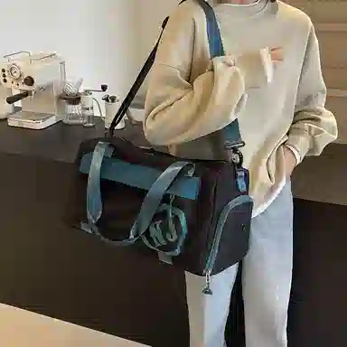 行途 大容量拼色设计 织物 手提健身包 大号 男女同款情侣款 黑色/米白色/蓝色/粉色/卡其色