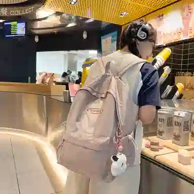 行途 韩版原宿初高中学生简约纯色大容量 尼龙 双肩包 女款 粉色/绿色/紫色/黑色/灰色