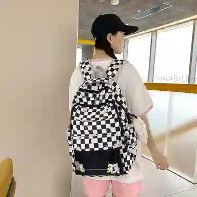 行途 学院风书包时尚格子简约背包大容量初中生休闲百搭双肩包女 尼龙