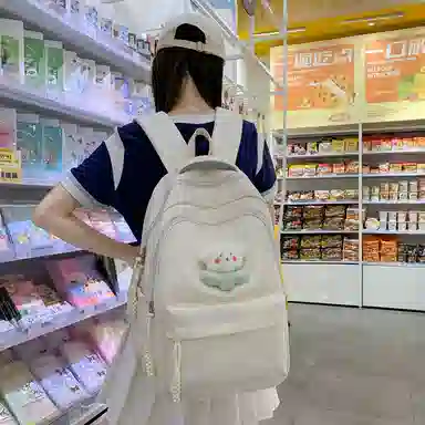 行途 中学生日系纯色高中生夏季休闲旅游背包防泼水 尼龙 双肩包 男女同款情侣款 黑色/米白色/绿色/粉色/黄色