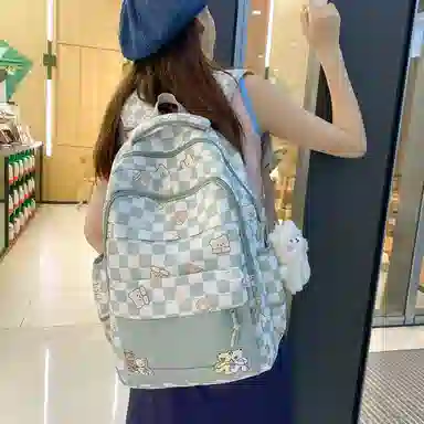 行途 学院风书包时尚格子简约背包大容量初中生休闲百搭双肩包女 尼龙