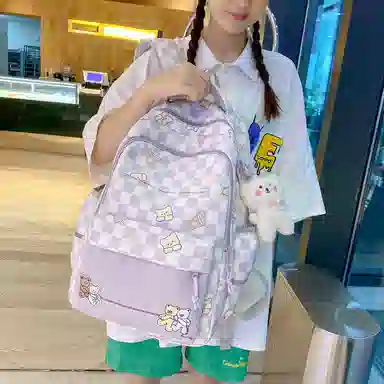 行途 学院风书包时尚格子简约背包大容量初中生休闲百搭双肩包女 尼龙