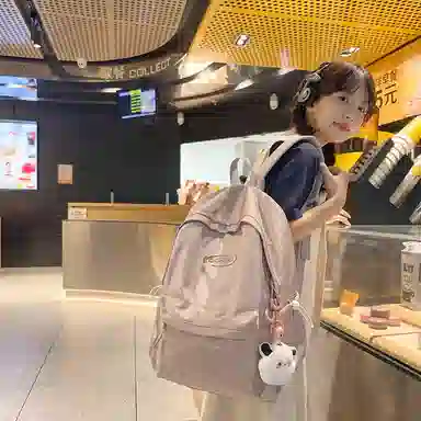 行途 韩版原宿初高中学生简约纯色大容量 尼龙 双肩包 女款 粉色/绿色/紫色/黑色/灰色