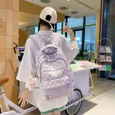 行途 学院风书包时尚格子简约背包大容量初中生休闲百搭双肩包女 尼龙