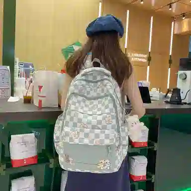 行途 学院风书包时尚格子简约背包大容量初中生休闲百搭双肩包女 尼龙