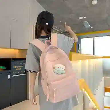 行途 中学生日系纯色高中生夏季休闲旅游背包防泼水 尼龙 双肩包 男女同款情侣款 黑色/米白色/绿色/粉色/黄色