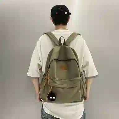 行途 初中高颜值森系纯色百搭小众设计感高中大学生 尼龙 书包背包双肩包 常规 男女同款情侣款 黑色/白色/绿色/卡其色