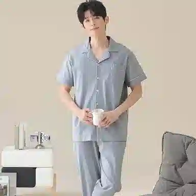 兰缪 开衫纯色大码简约休闲短袖长裤睡衣套装 男款