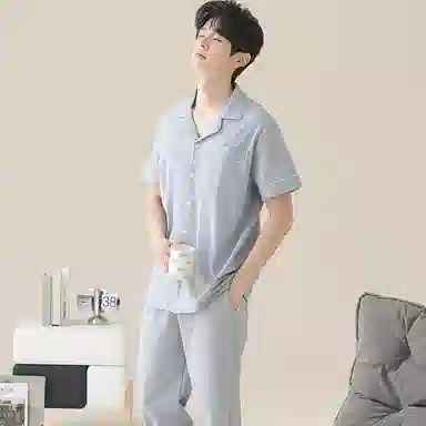 兰缪 开衫纯色大码简约休闲短袖长裤睡衣套装 男款