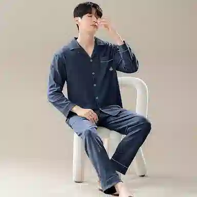 兰缪 翻领开衫长袖长裤简约高级风睡衣套装 男款