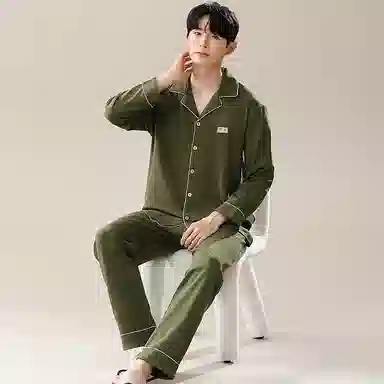 兰缪 翻领开衫长袖长裤简约高级风睡衣套装 男款