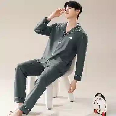 兰缪 翻领开衫长袖长裤简约高级风睡衣套装 男款