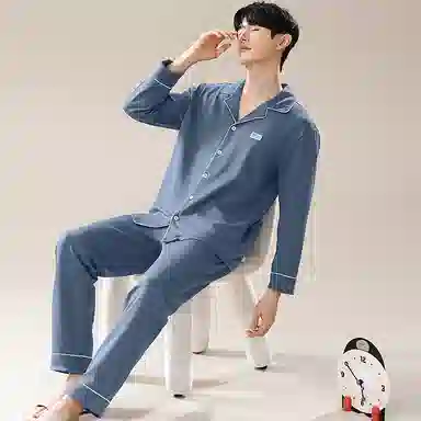 兰缪 翻领开衫长袖长裤简约高级风睡衣套装 男款
