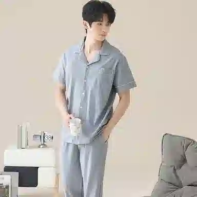 兰缪 开衫纯色大码简约休闲短袖长裤睡衣套装 男款