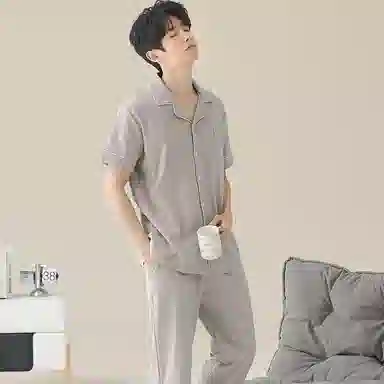 兰缪 开衫纯色大码简约休闲短袖长裤睡衣套装 男款