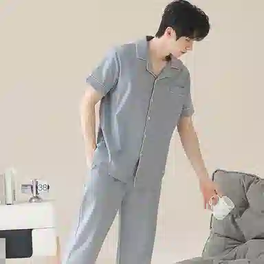 兰缪 开衫纯色大码简约休闲短袖长裤睡衣套装 男款