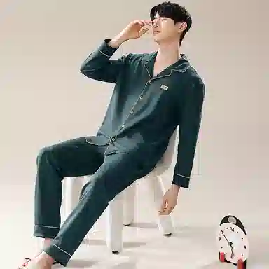 兰缪 翻领开衫长袖长裤简约高级风睡衣套装 男款