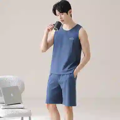 兰缪 时尚纯色透气凉感高弹舒适柔软可外穿无袖背心五分裤睡衣套装 男款