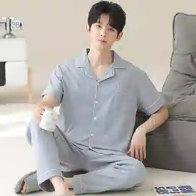 兰缪 开衫纯色大码简约休闲短袖长裤睡衣套装 男款