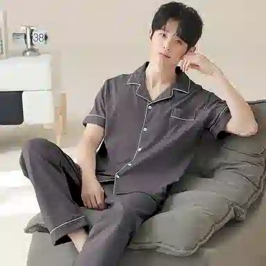 兰缪 开衫纯色大码简约休闲短袖长裤睡衣套装 男款