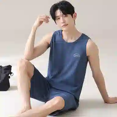 兰缪 时尚纯色透气凉感高弹舒适柔软可外穿无袖背心五分裤睡衣套装 男款