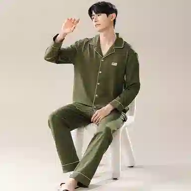 兰缪 翻领开衫长袖长裤简约高级风睡衣套装 男款