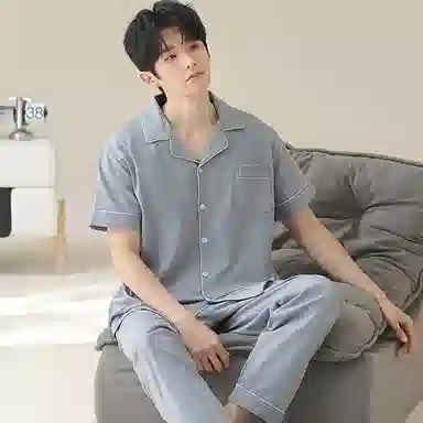 兰缪 开衫纯色大码简约休闲短袖长裤睡衣套装 男款