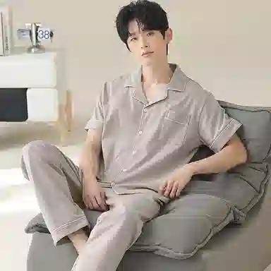 兰缪 开衫纯色大码简约休闲短袖长裤睡衣套装 男款