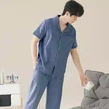 兰缪 开衫纯色大码简约休闲短袖长裤睡衣套装 男款