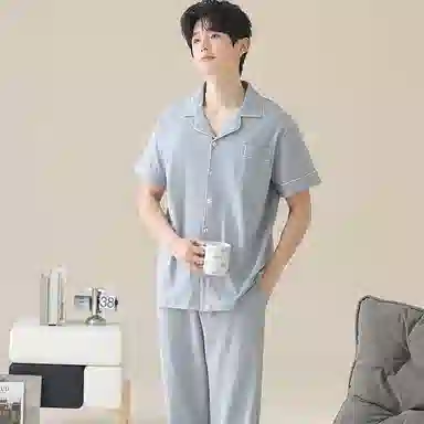 兰缪 开衫纯色大码简约休闲短袖长裤睡衣套装 男款