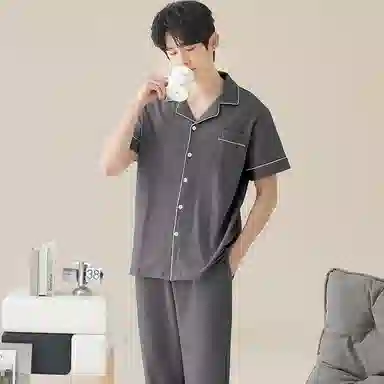 兰缪 开衫纯色大码简约休闲短袖长裤睡衣套装 男款