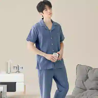 兰缪 开衫纯色大码简约休闲短袖长裤睡衣套装 男款