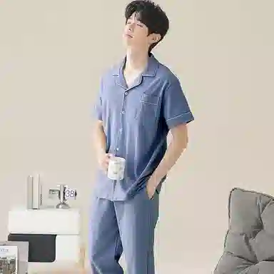 兰缪 开衫纯色大码简约休闲短袖长裤睡衣套装 男款