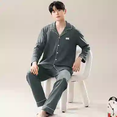兰缪 翻领开衫长袖长裤简约高级风睡衣套装 男款